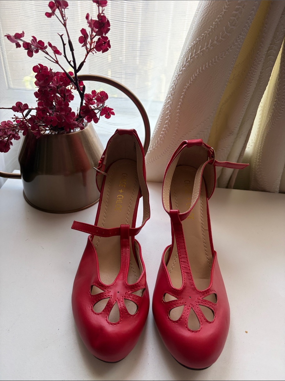 Chase + Chloe Red T-Strap Cutout Heels